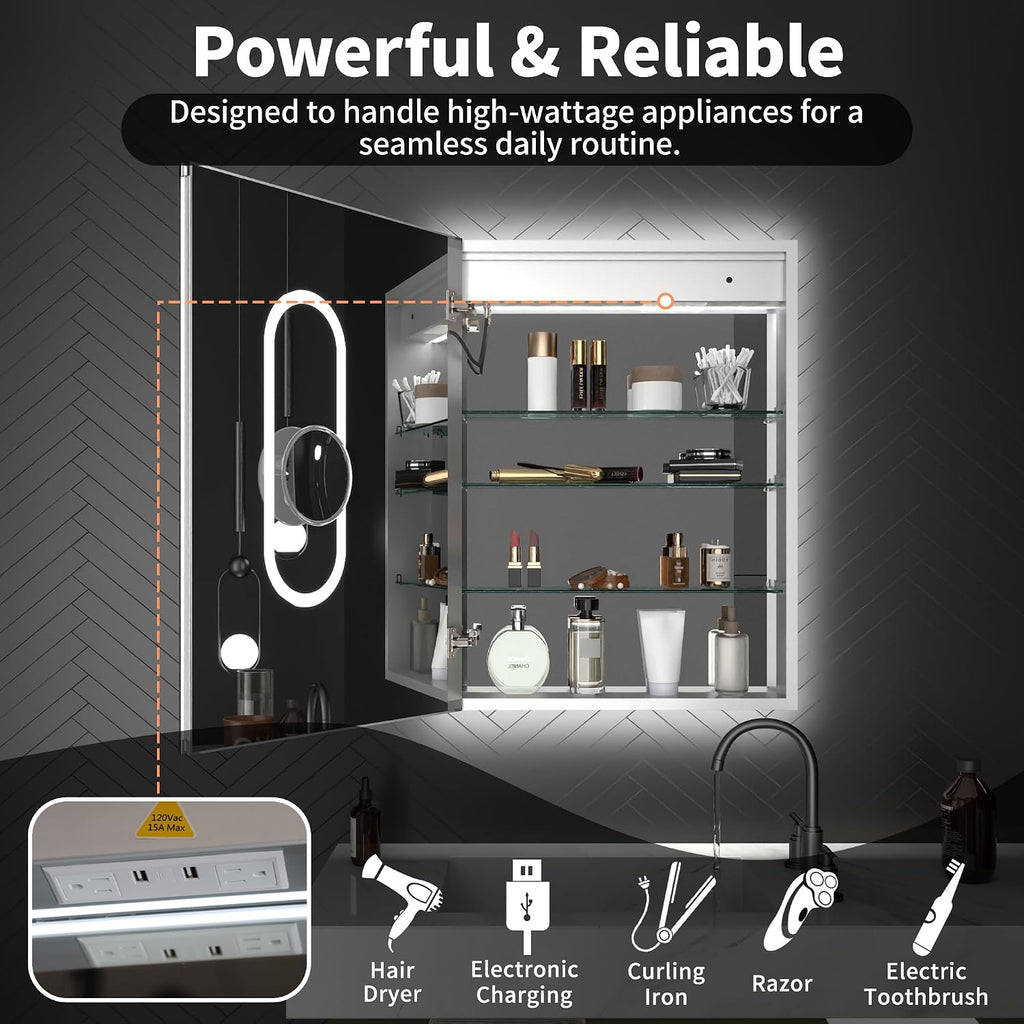 24 x 32 LED Lighted Medicine Cabinet with Mirror, Front & Backlit | Night Light, Clock & Temp Display, Defog, 5X