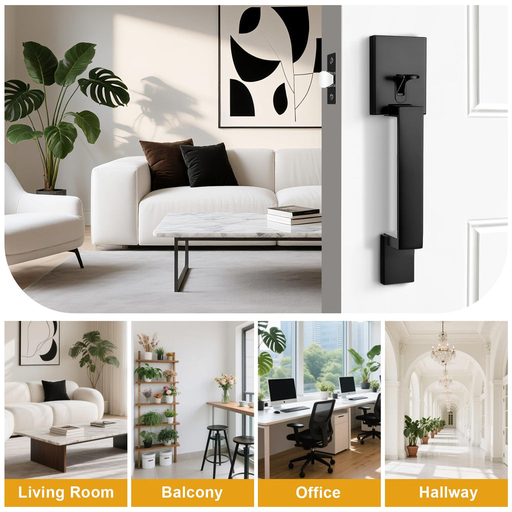 Black Front Door Handle Set, Exterior Door Handle, Modern Heavy Duty Square, Passage Door Handleset Reversible for