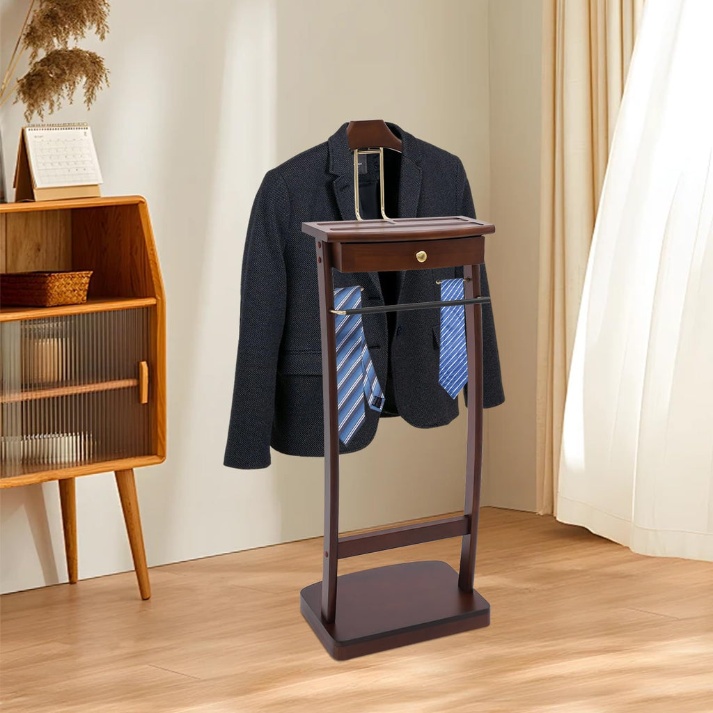 Wooden Freestanding Clothes Stand with Sturdy Base, Multi-functional Suit Valet Stand, Coat Rack with Top Drawer, Tie