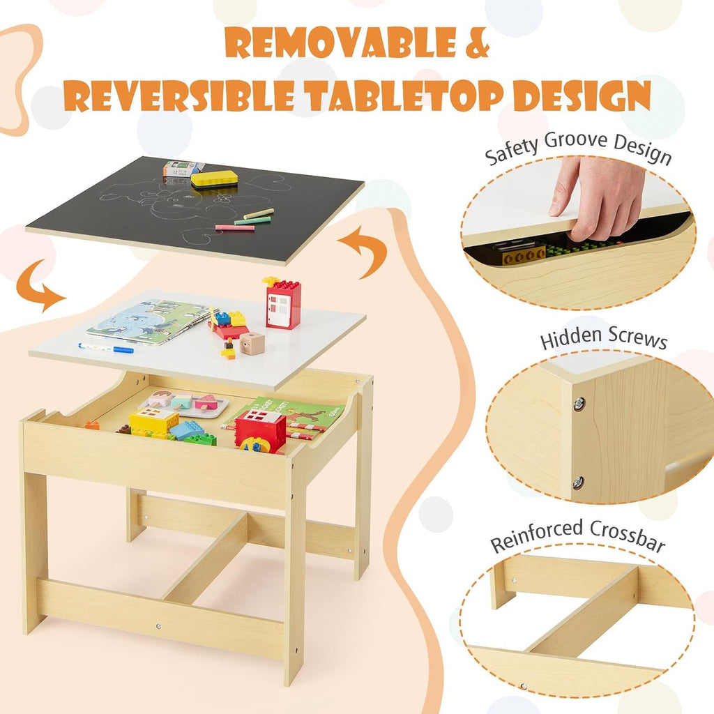 Kids Table and Chairs, in-1 Children Wooden Activity Set with Storage, Detachable Tabletop, for Art, Craft