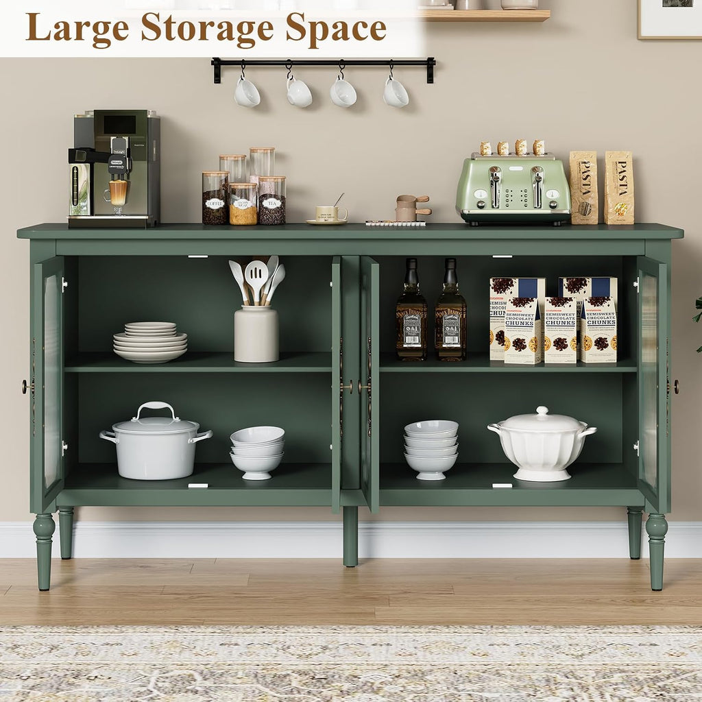 58" Sideboard Buffet Cabinet with Storage, Sideboard Cabinet, Green | Mid Century Storage Cabinet with Shelves and 4