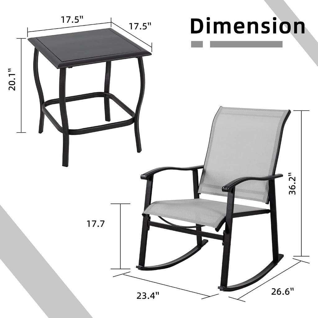 3 Piece Outdoor Rocking Bistro Set, Textilene Fabric Small Patio Furniture Set, Front Porch Rocker Chairs