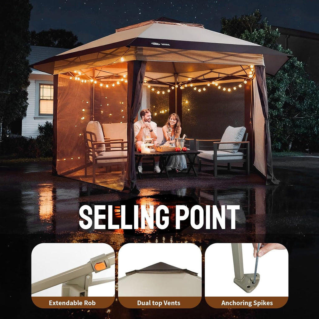 13x13 Pop Up Gazebo with Mosquito Nettings, Beige&Coffee | Portable Gazebo with CENTERLOK