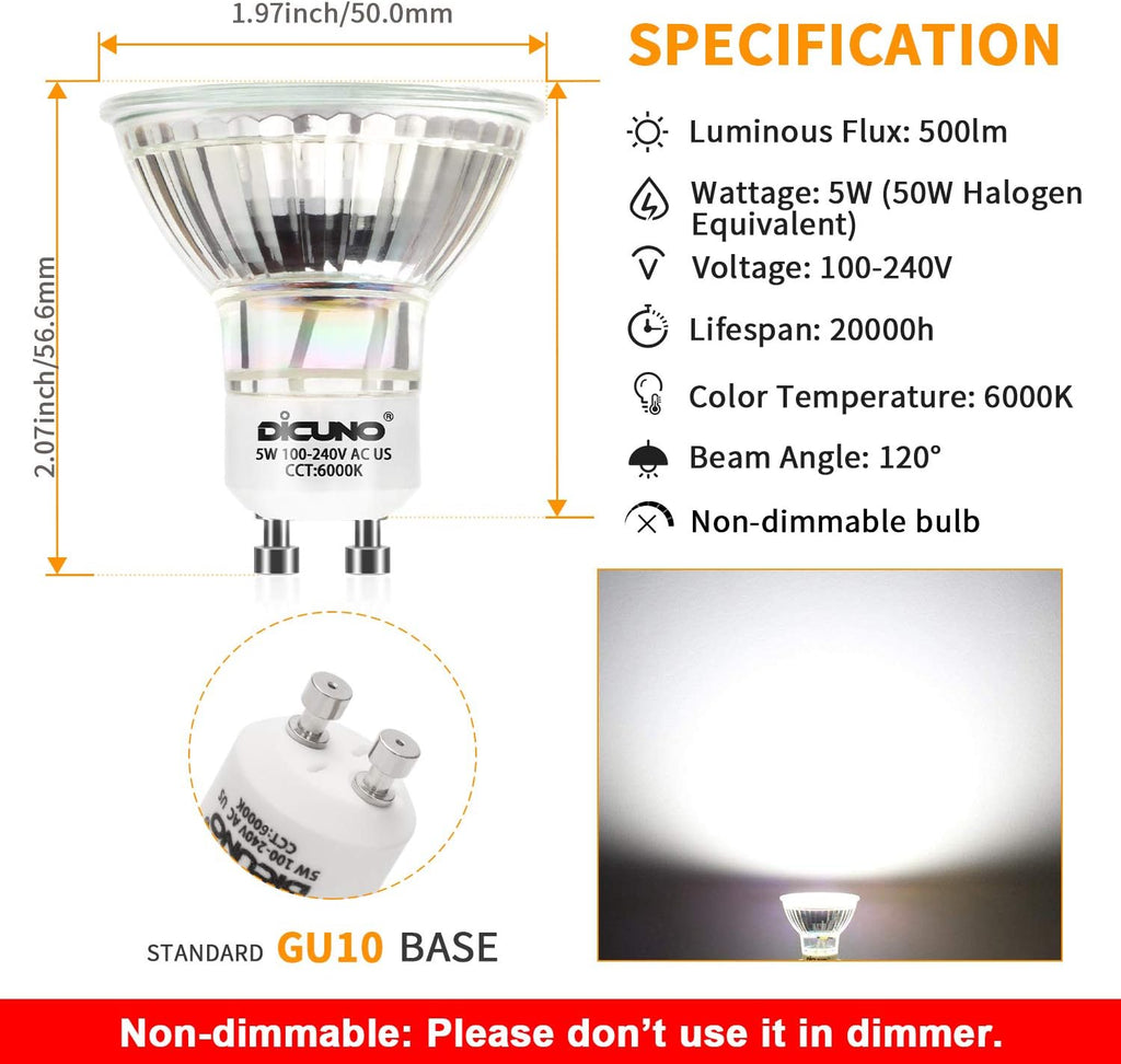 GU10 LED Bulbs 50W Equivalent, Daylight White 6000K, 500LM