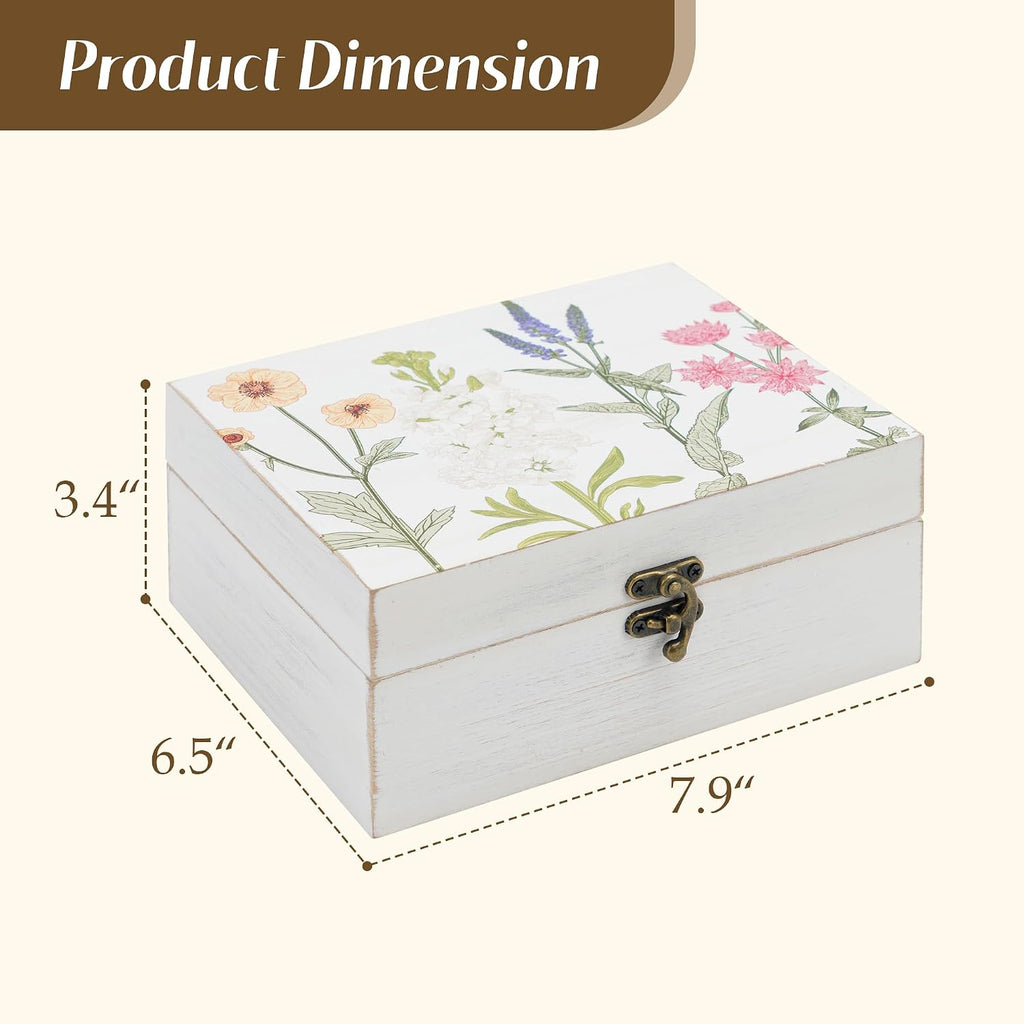 Small Decorative Box with Hinged Lid Wooden Handmade Keepsake Storage Box Floral Printed Jewelry Box Rustic Trinket