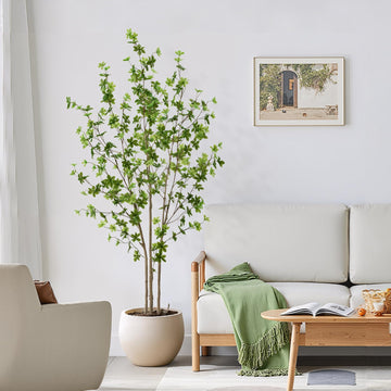 Artificial Enkianthus Tree 6ft Tall Fake Plant with Lifelike Leaves and Trunk - Large Indoor Floor Plant in White Pot