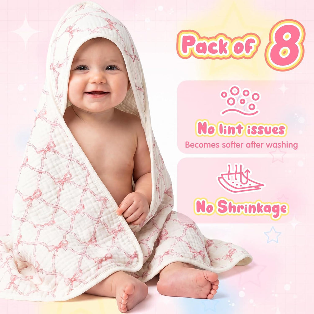 8 Pcs Organic Cotton Muslin Baby Hooded Towels Set with Washcloths