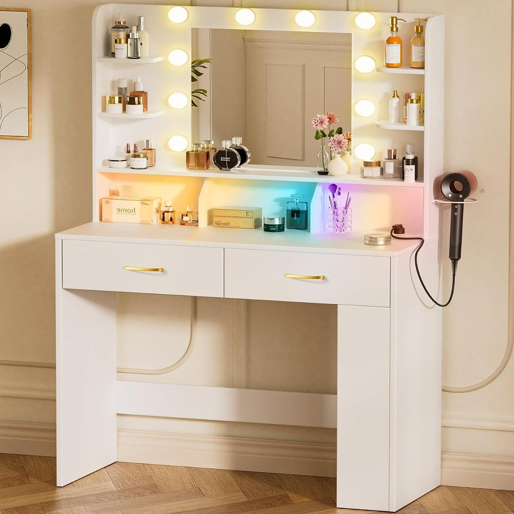 Vanity Desk with LED Lights Mirror & Charging Station, Makeup Vanity with Storage Drawers and Shelves, Modern