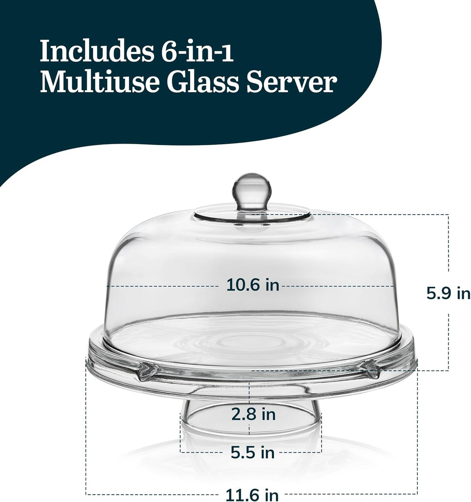 Selene 6-in-1 Domed Cake Stand, Unique Space Saving Glass Cake Stand with Dome, Multi-Purpose Dip Bowl To Serve - Set of 2