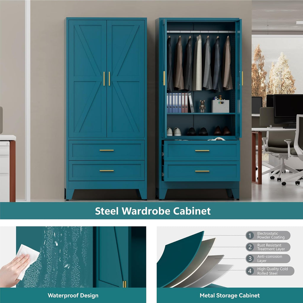 Blue Metal Wardrobe Closet, Armoire Wardrobe with Two Drawers Clothes Cabinet , 71" Tall Farmhouse Steel Armoire