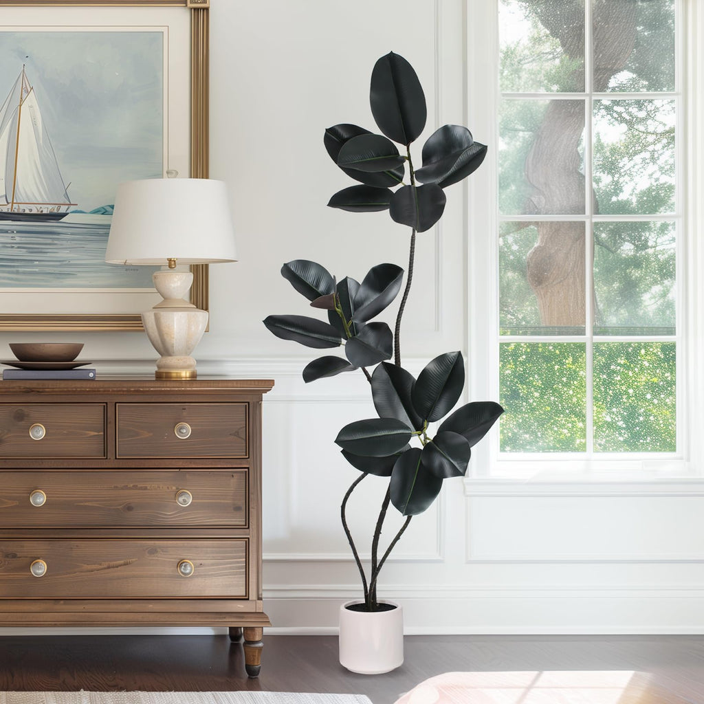 Artificial Rubber Tree Plant -5FT Faux Plants Indoor with Planter, Tall Fake Trees Lifelike Branches & Foliage, Large