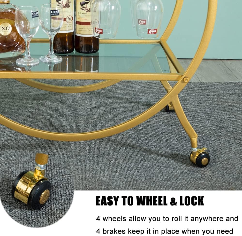 Round Gold Bar Cart 2 Mirrored Shelves Bar Serving Cart with Wheels and Glass Holder, Mobile Wine Cart for The