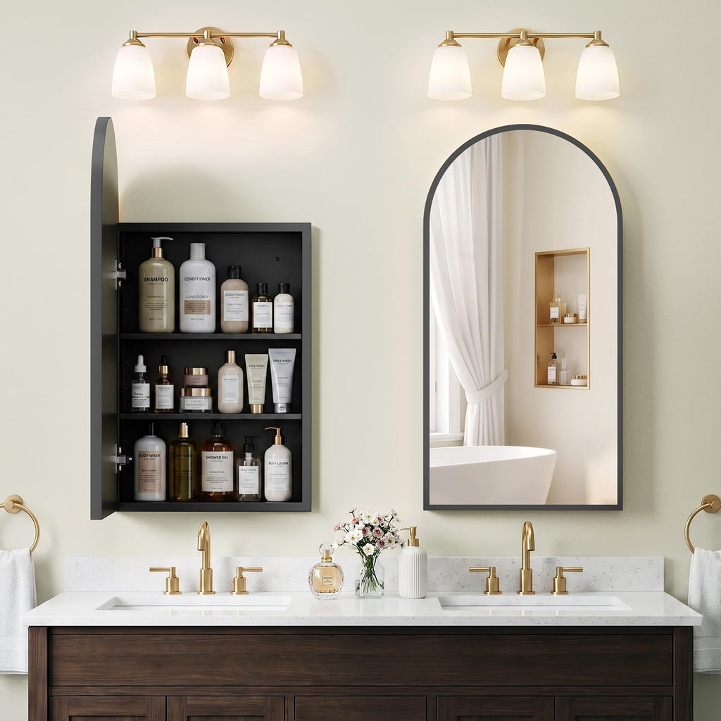 Arched Recessed Medicine Cabinet with Mirror, Bathroom Mirror Storage, Black