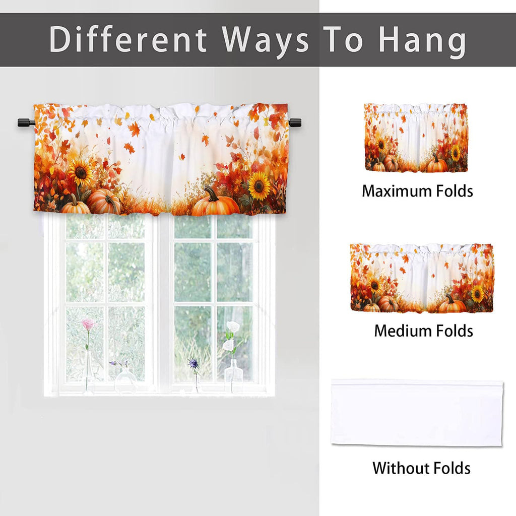 Fall Pumpkins Kitchen Curtain Valance 2 Pack Thanksgiving Maple Leaves Sunflowers Window Valance Bathroom Bedroom
