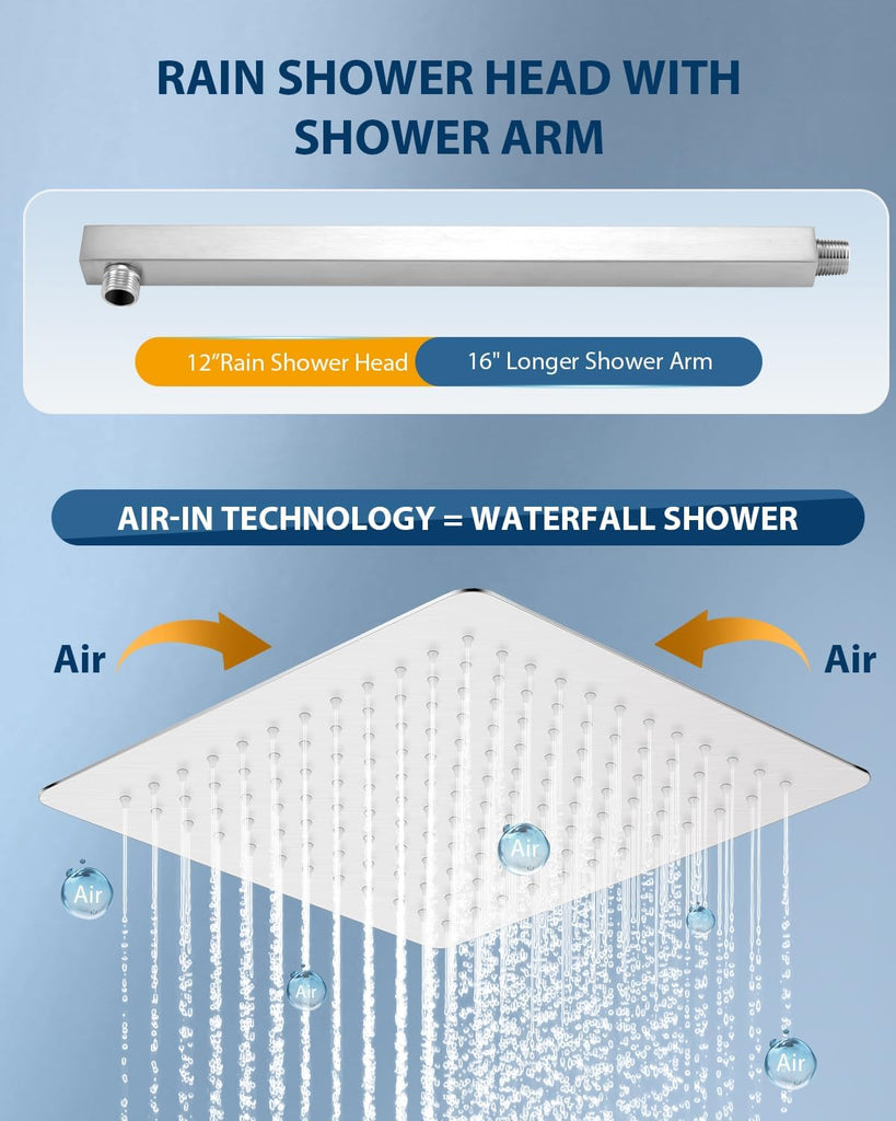 All Metal Rainfall Shower Head with Extension Arm Brushed Nickel, 12" Large Rain Square Showerhead with 16" Shower