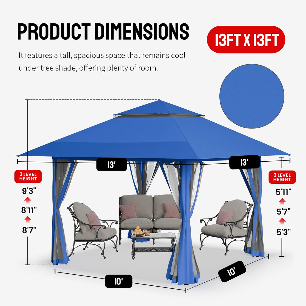13x13 Pop Up Gazebo, Outdoor Canopy Tent, Blue