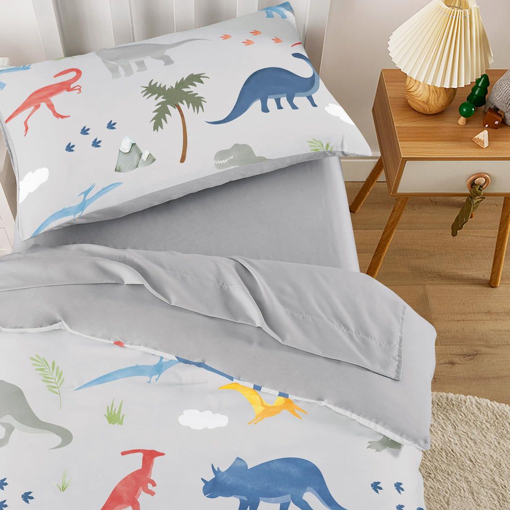 Toddler Bedding Set for Boys, Colorful Jurassic Dinosaur Volcano, 4 Pieces Soft Crib Bed Set Including Comforter