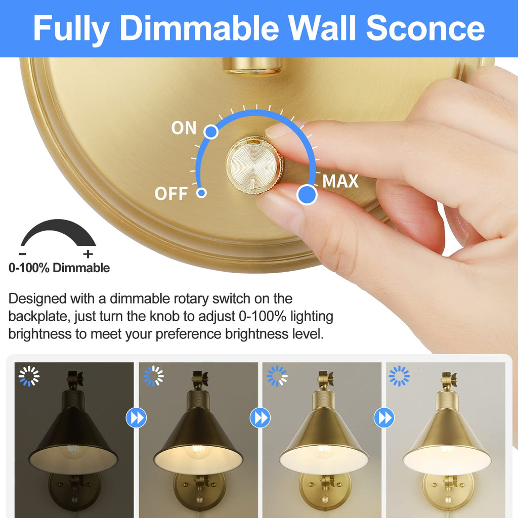 Wall Sconce Plug in, Dimmable Wall Sconce Brushed Brass Swing Arm Wall Lights with Plug in Cord and Dimmer On/Off