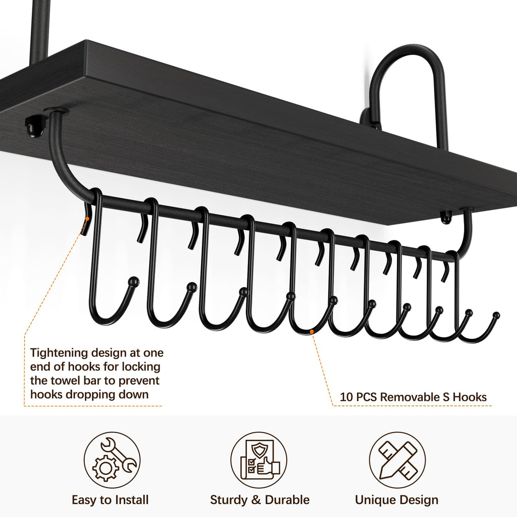 Floating Wall Shelves Bathroom Coffee Nook with 10 Adjustable Hooks for Mugs Cooking Utensils or Towel Rustic Storage