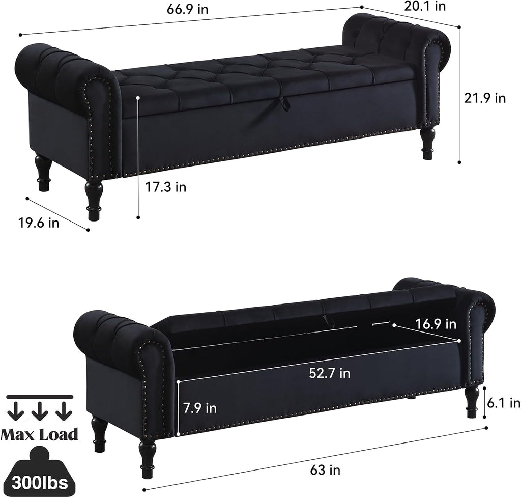 Storage Bed Bench , 67 Inches End of Bed Bench, Velvet King Size Bench with Arms, Tufted Button Storage Ottoman