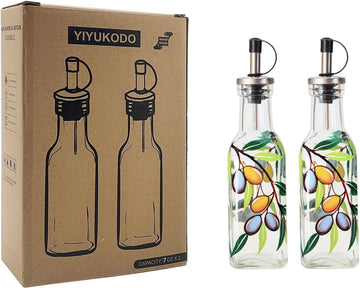 7oz Hand Painted Glass Olive Oil Bottle Dispenser - 200ml Green Oil & Vinegar Cruet with Pourers - Olive Oil Carafe - Set of 2