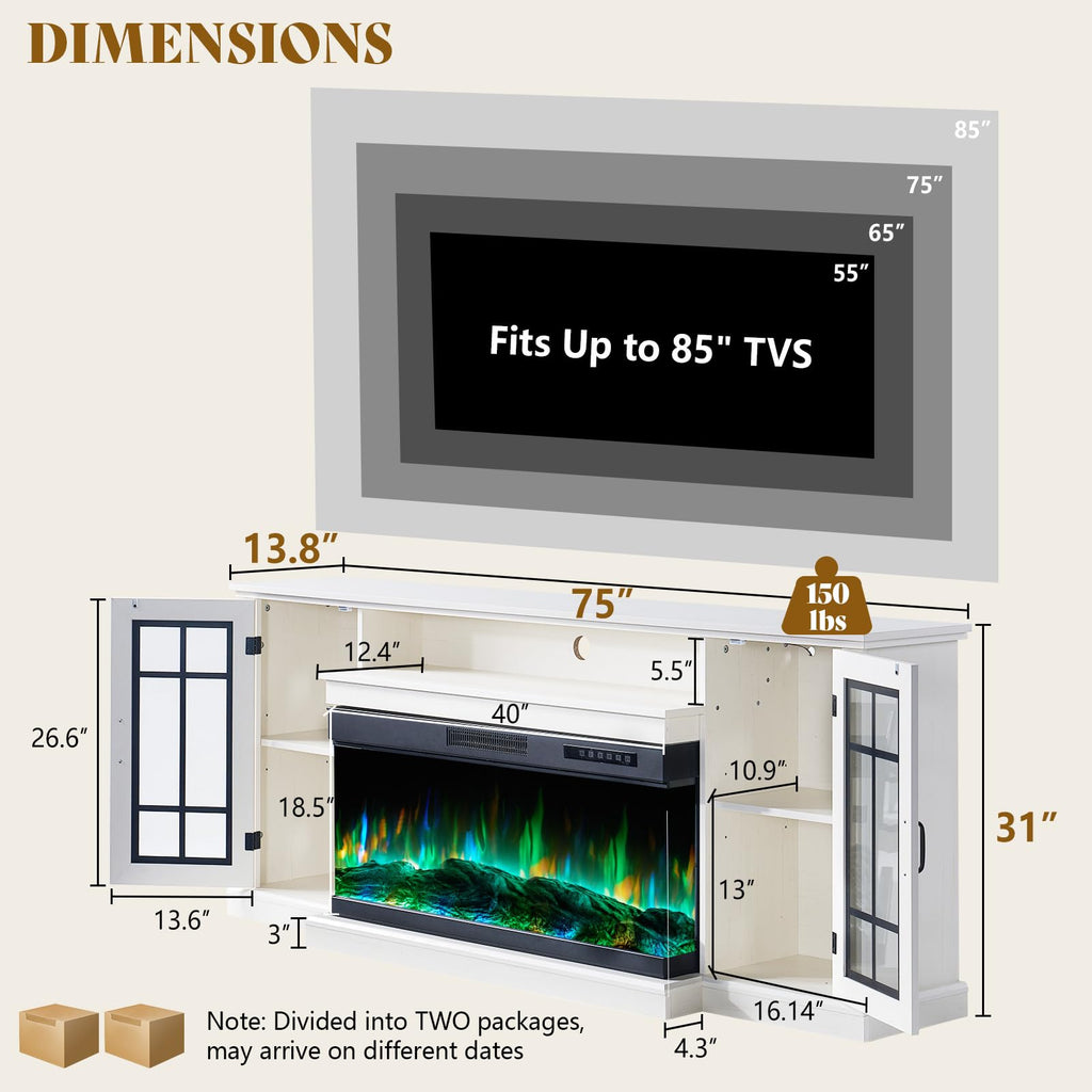 75in 3-Sided Glass Fireplace TV Stand for TVs up to 85", Rustic Fireplace Media Entertainment Center Console Table