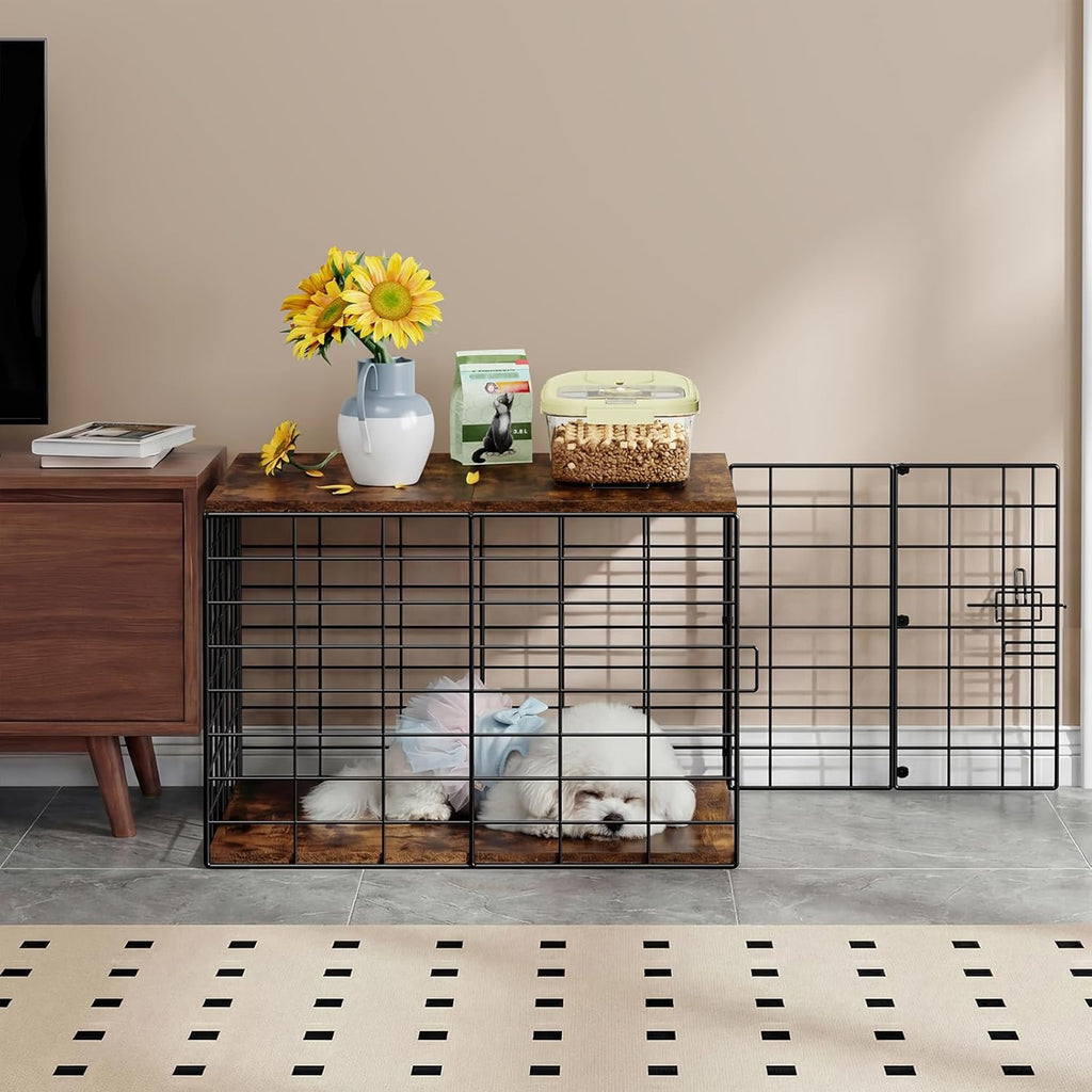 24 Inch Small Dog Crate Furniture - All-Season Indoor Dog Kennel with Wooden Top & Thickened Metal Wire