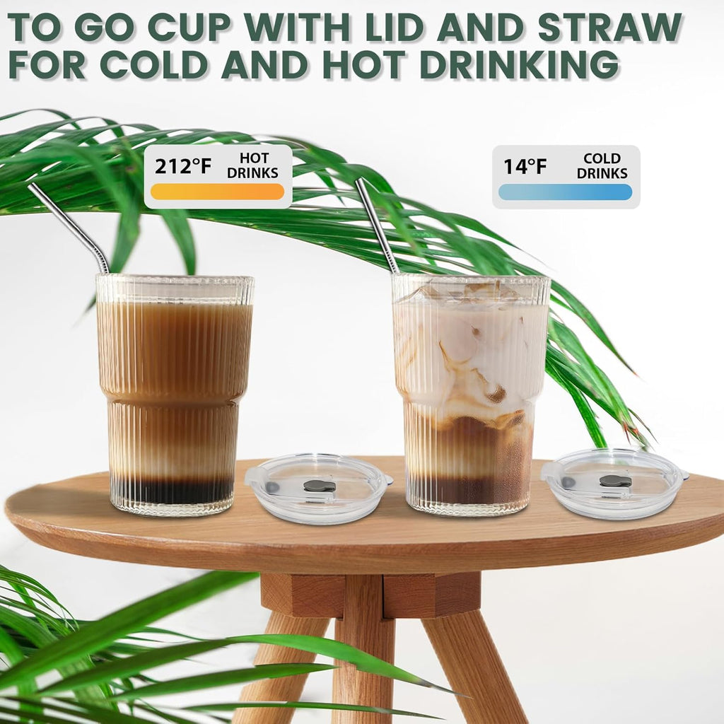 Iced Coffee Cups With Lids and Straws 2 Pcs, 16 OZ Unbreakable Cup Drinking Set,Clear Plastic Cups Reusable Iced