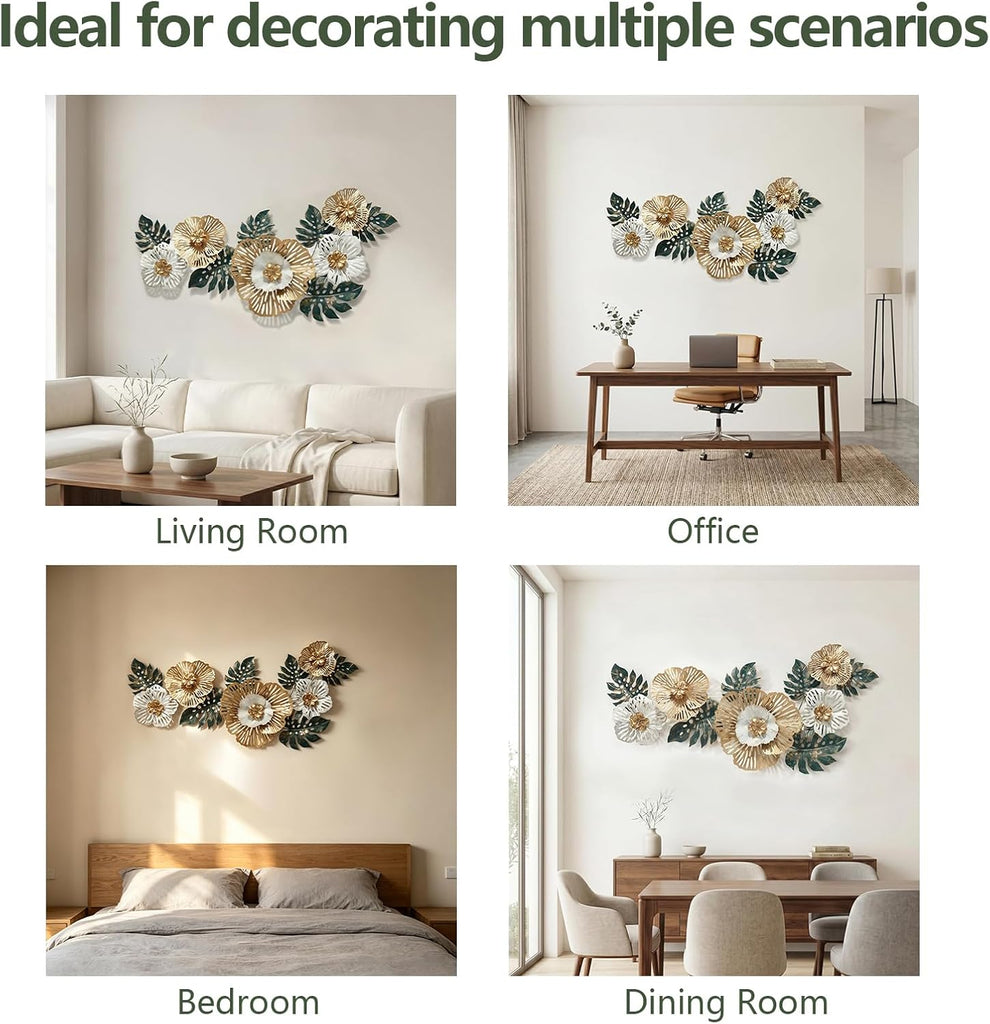 54" Large Metal Wall Art, 3D Floral Wall Decoration for Livingroom