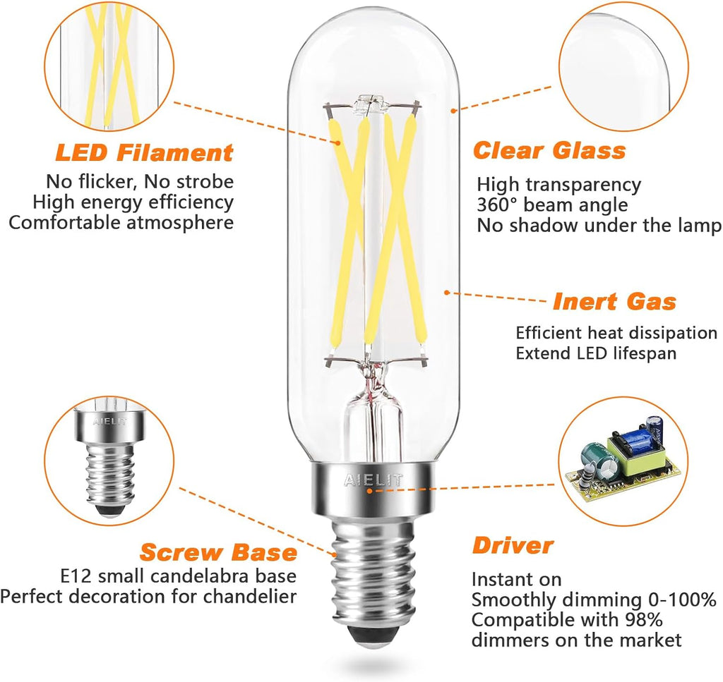 E12 LED Light Bulbs 40-Watt Equivalent, Natural White 4000K, Clear Glass, Tubular 4W Dimmable LED Filament