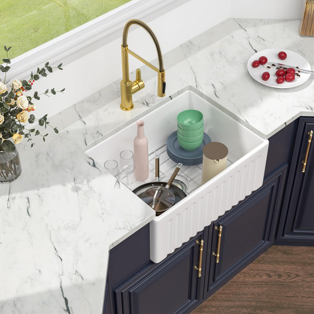 24 White Farmhouse Kitchen Sink - 24X18 Inch Farmhouse Sink Reversible Apron Front Ceramic Porcelain Farm Sinks