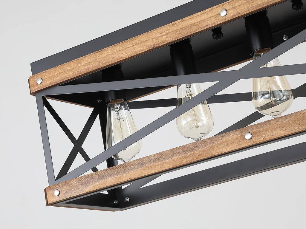Rustic Farmhouse Wood Kitchen Island Lighting, 5 Lights Rectangular Pendant Light Fixture, Adjustable Chain Oak Wood