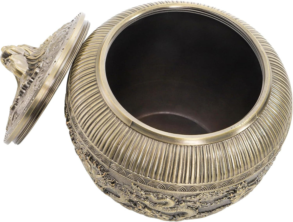 Round Metal Container with Dragon Finial, Metal Living Room Decorative Jar, Dragon Decorated Covered Jar, Bronze