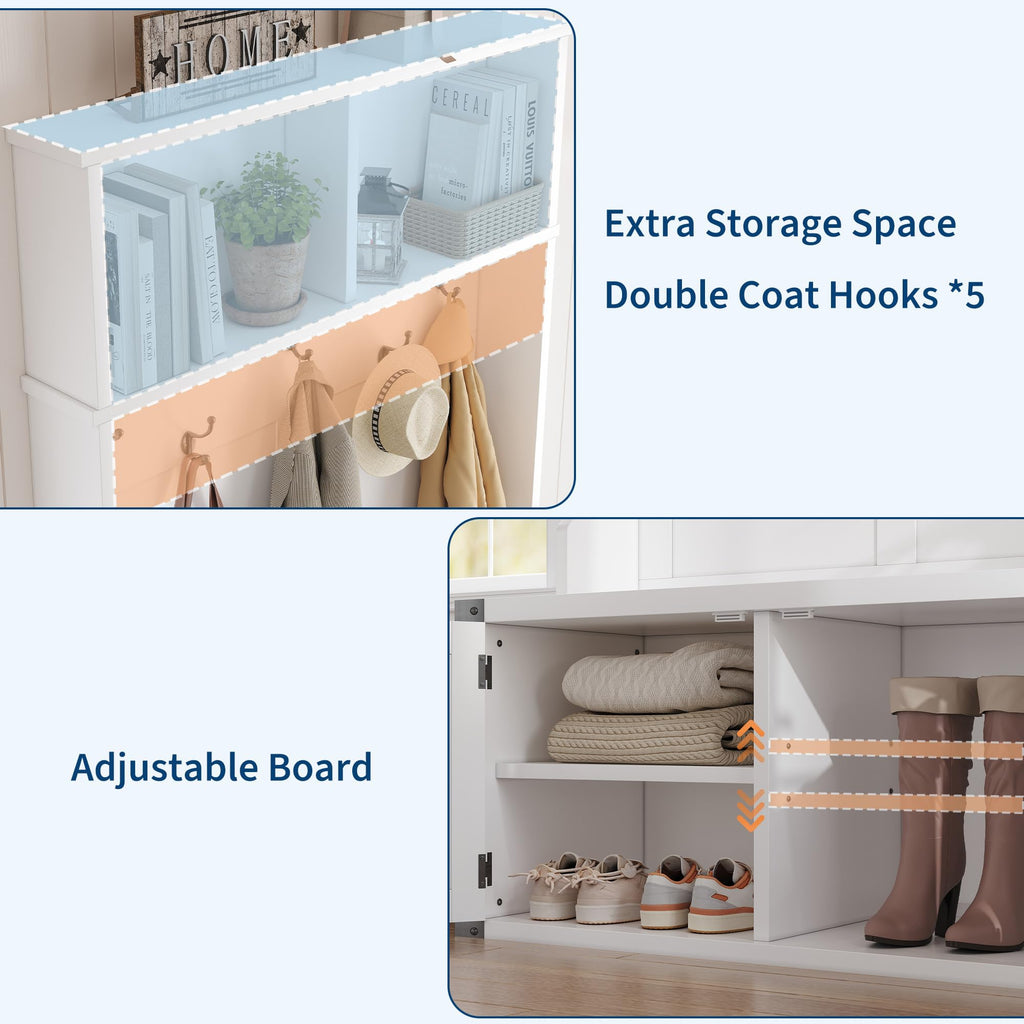 Hall Tree with Bench and Shoe Storage, 77" Tall Farmhouse Entryway Bench with Coat Rack and Mudroom Organizer