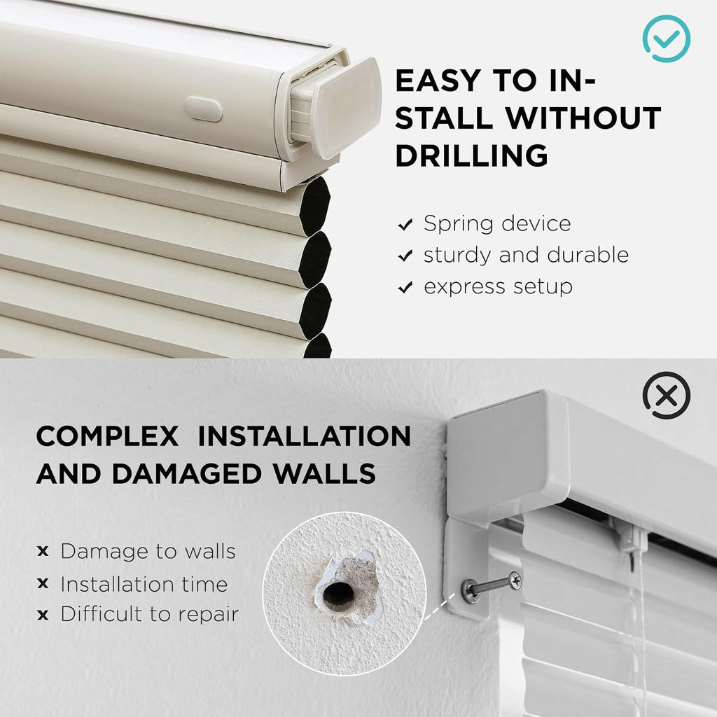 No Tools No Drill Blinds for Indoor Windows, Cordless Window Blinds Cellular Shades Top Down Bottom Up Blackout