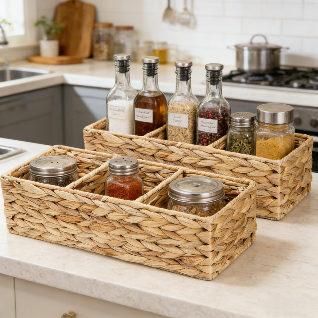 2 Pack 3-Section Woven Baskets, Water Hyacinth Storage Bin, Handwoven Desk Organizer, Toilet Paper Container