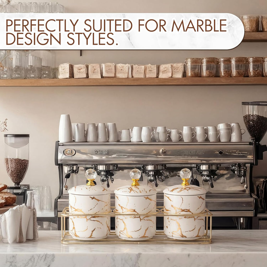 Ceramic Coffee Canister Set with Lids and Metal Stand, Securely Packed in Foam Mold, Marble Sugar Coffee Tea - Set of 3