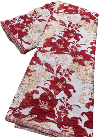 African Lace Fabric 5 Yards Floral Embroidery with Gold Foil Craft, Wedding Dress Gown Fabric (Red)
