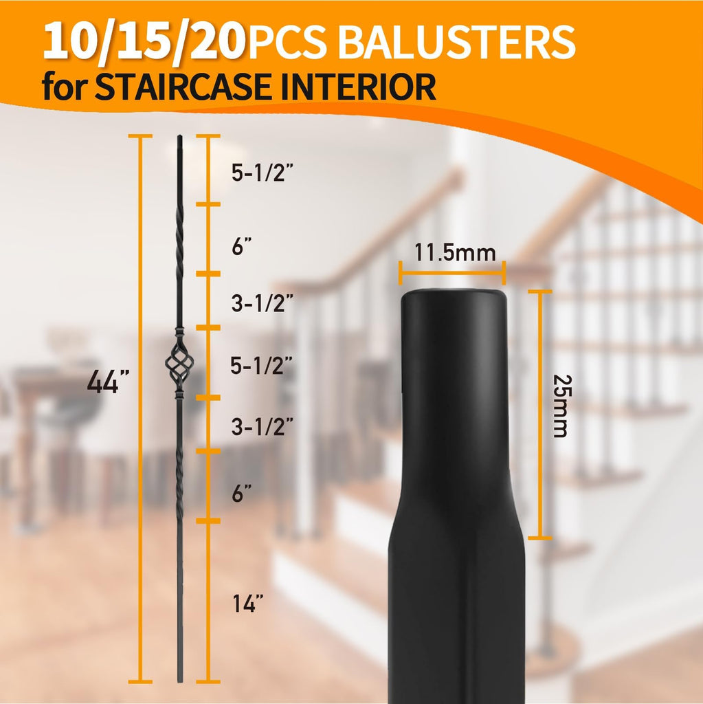 15 Pack Iron Balusters for Staircase Interior, Stair Balusters 44" Black