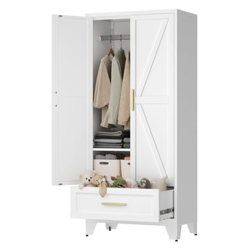 71" Tall Metal Wardrobe Cabinet with Drawer and Hanging Rod, 2 Doors Armoire Wardrobe Closet with Shelf, Laundry