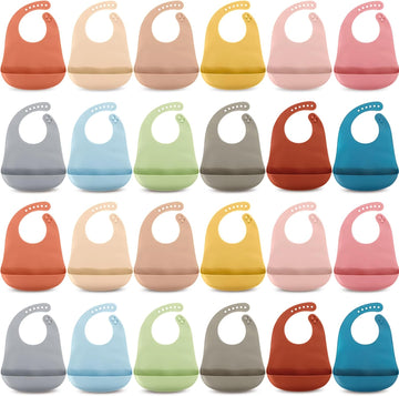 24 Pcs Silicone Bibs for Babies Toddlers Waterproof Adjustable Soft Durable Feeding Baby Bibs Gifts with Food Catcher