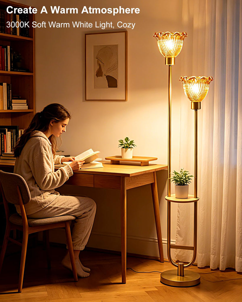 Amber Glass Floor Lamp with Table 2-Lights Modern Gold Tall Lamps