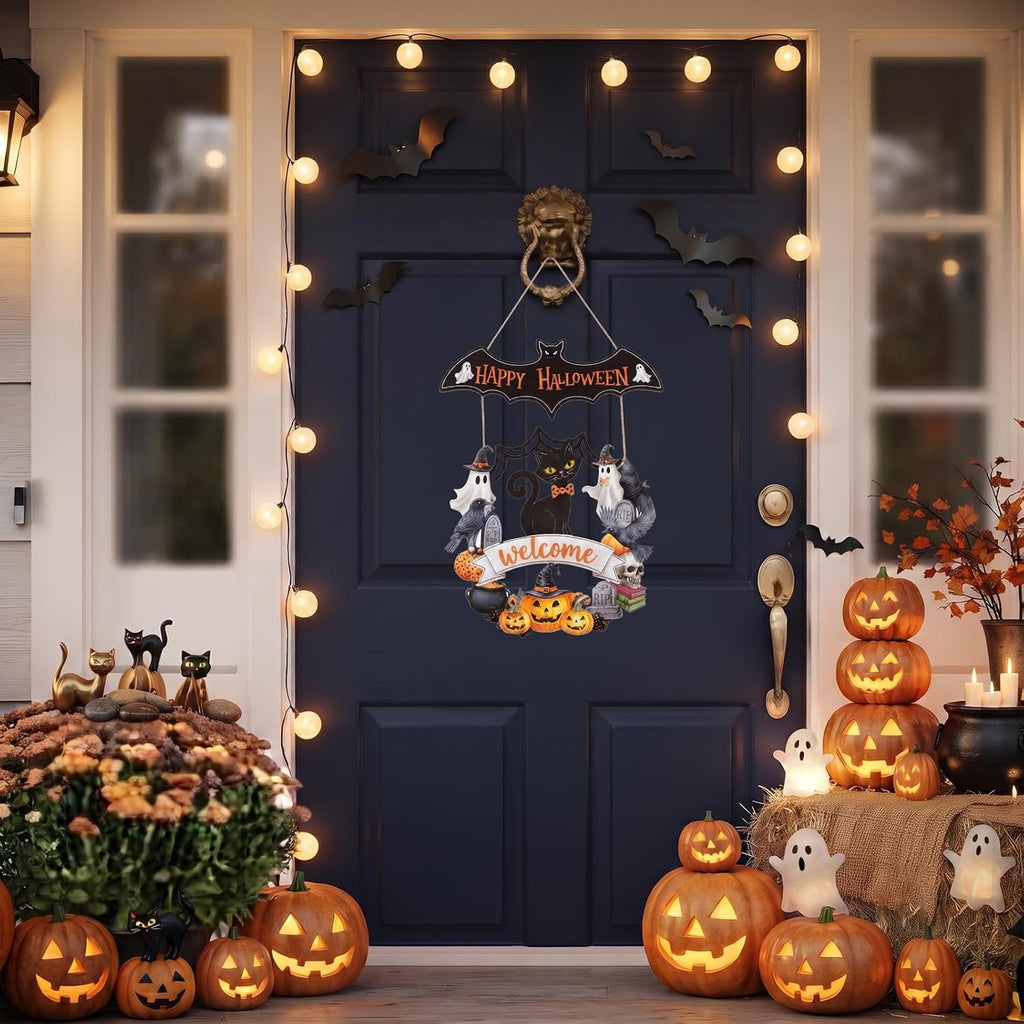 Halloween Decoration: Ghost Wood Door Sign, Spooky Wreath