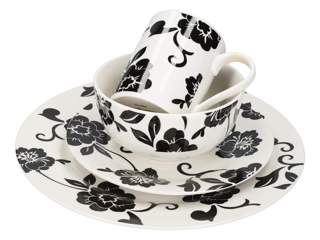 16 Piece Vivienne Dinner Set, Service for 4 Dinnerware Set with Elegant Design, 16 Pieces, Black & White
