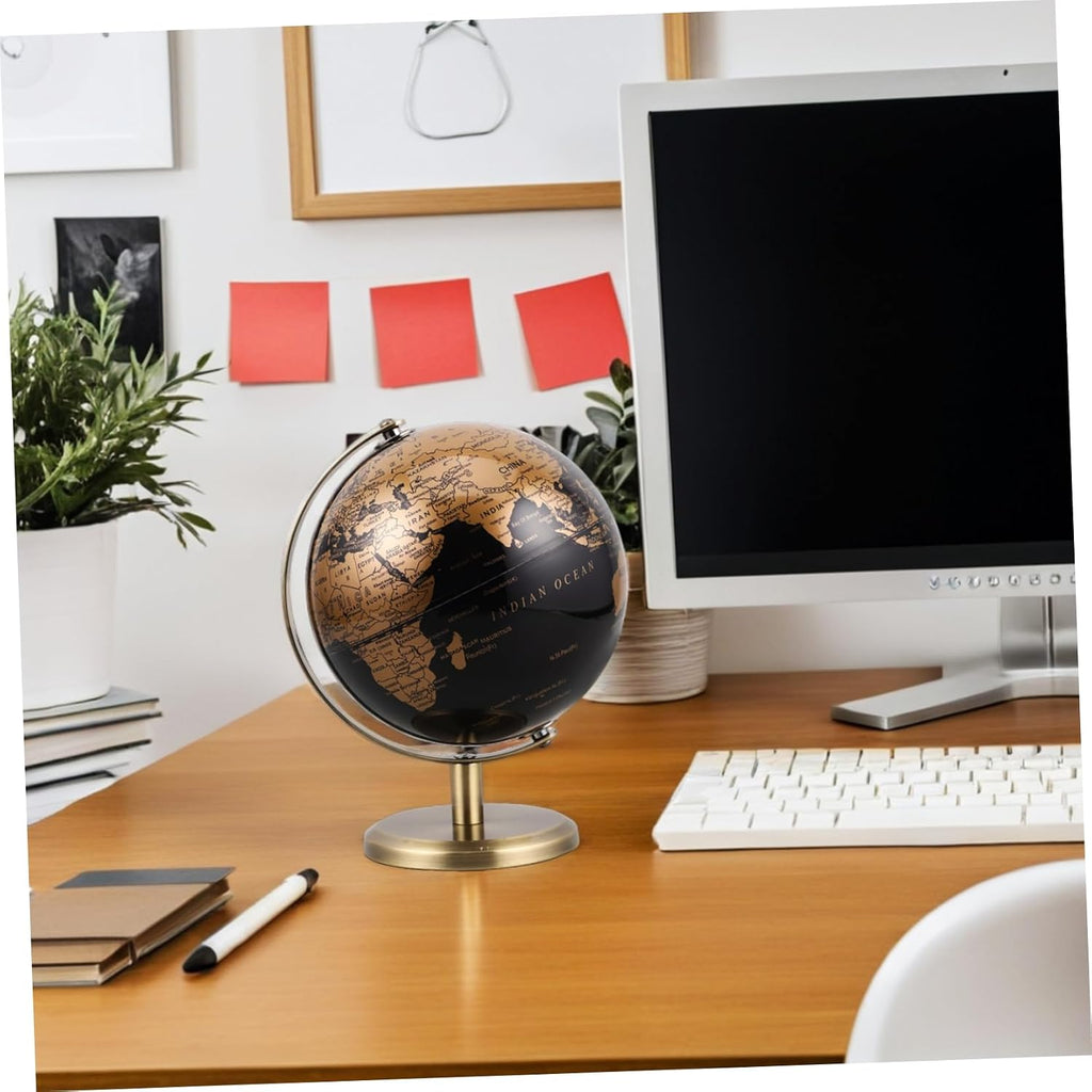 6'' Vintage Globe with Stand: Rotating World Globe Black Gold Desk Ornament Antique Map Decor for Adults Home Office