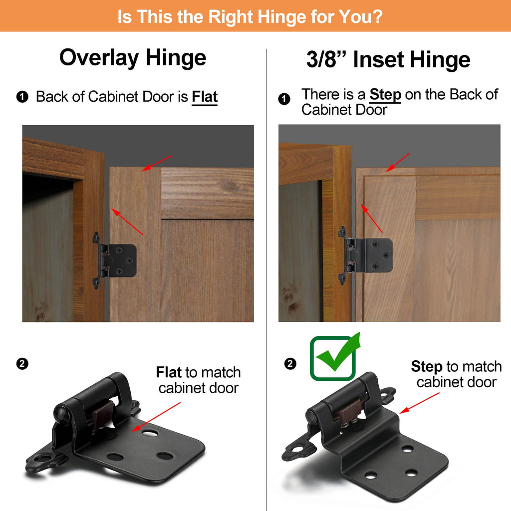 Matte Black Cabinet Hinges, 3/8" Inset, 4 Pack