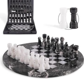 Marble Chess Set for Adults with Complementary Storage Box,12 Inch Handmade Black & White Chess Board Game, Luxury - Set of 34