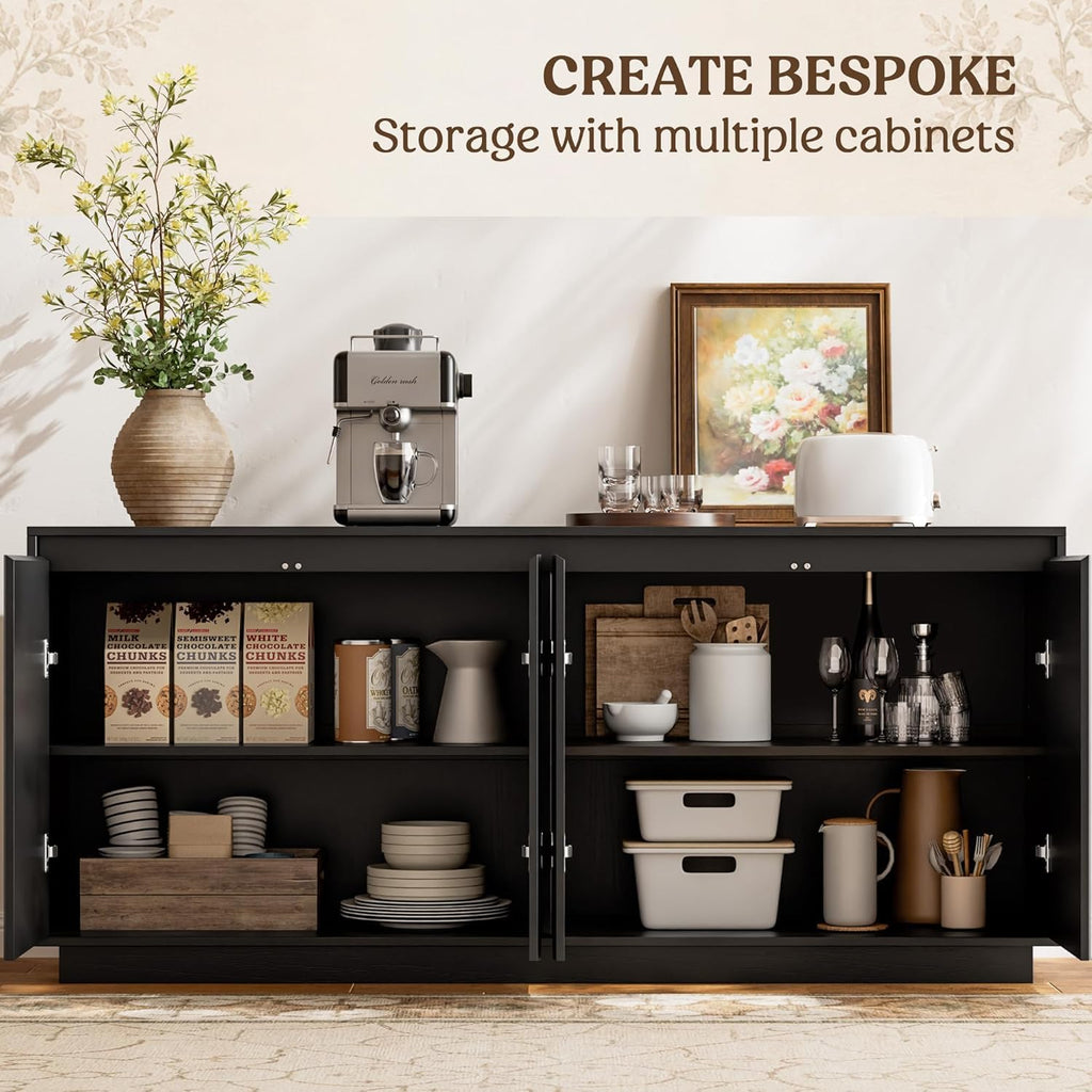 63" Fluted Buffet Cabinet Sideboard with Storage Credenza 4 Doors Wood Modern Accent Coffee Bar Console Table