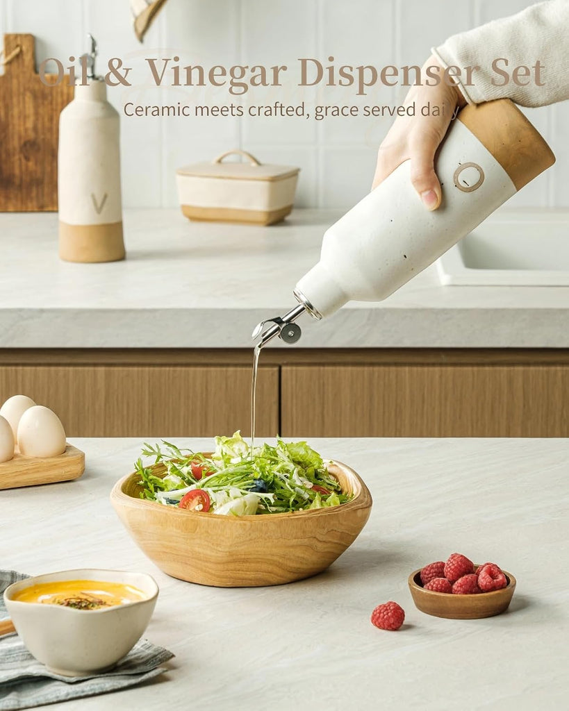 18oz Olive Oil Dispenser Bottle, Ceramic Oil and Vinegar Dispenser Set with Automatic Stainless Steel Pourer