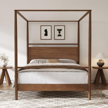 Solid Wood Canopy Bed Frame Four Posters Bed No Box Spring Needed, Full Size, Walnut